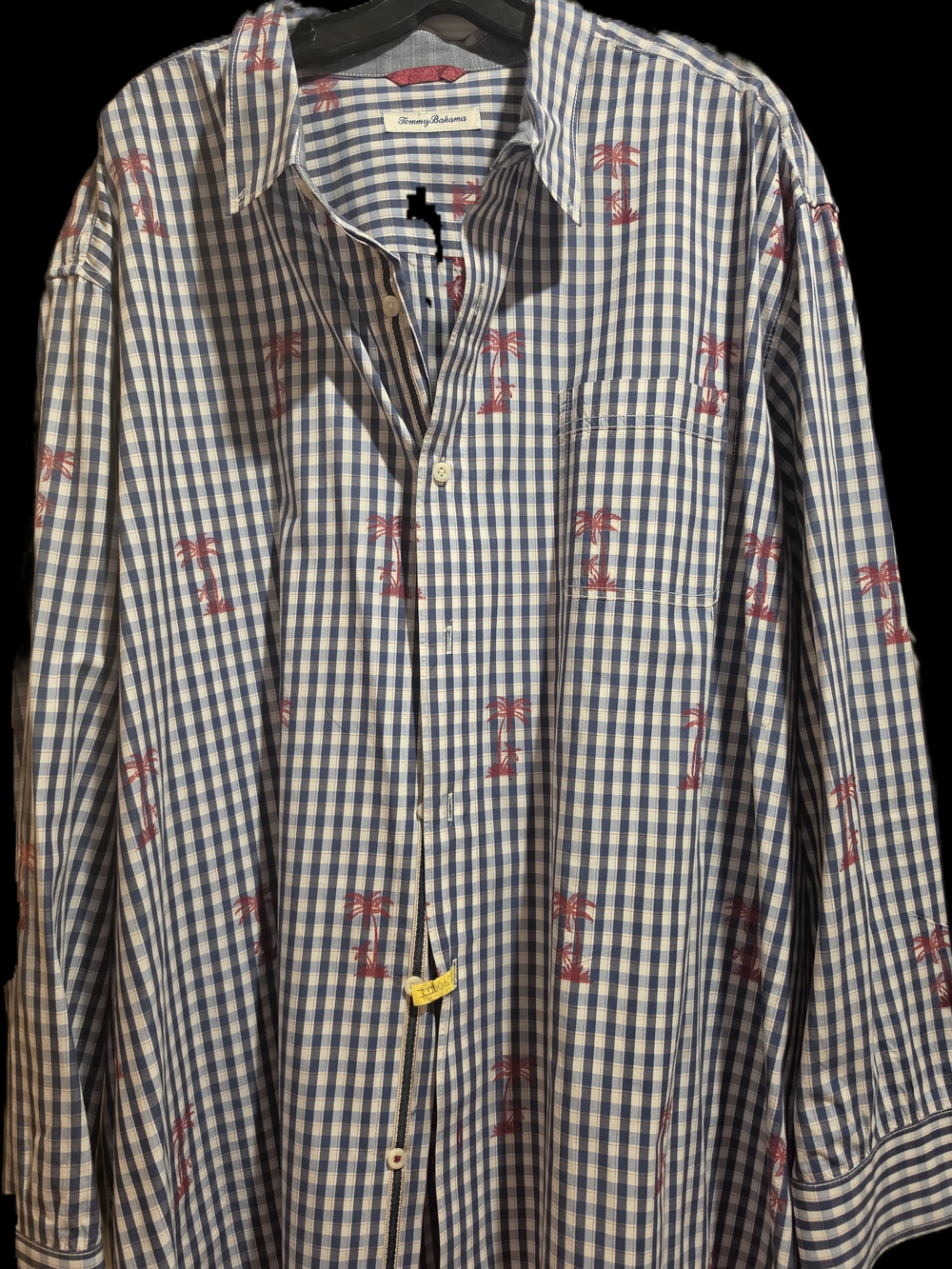 Tommy Bahama Blue and White Check Button-Down with Red Palm Print